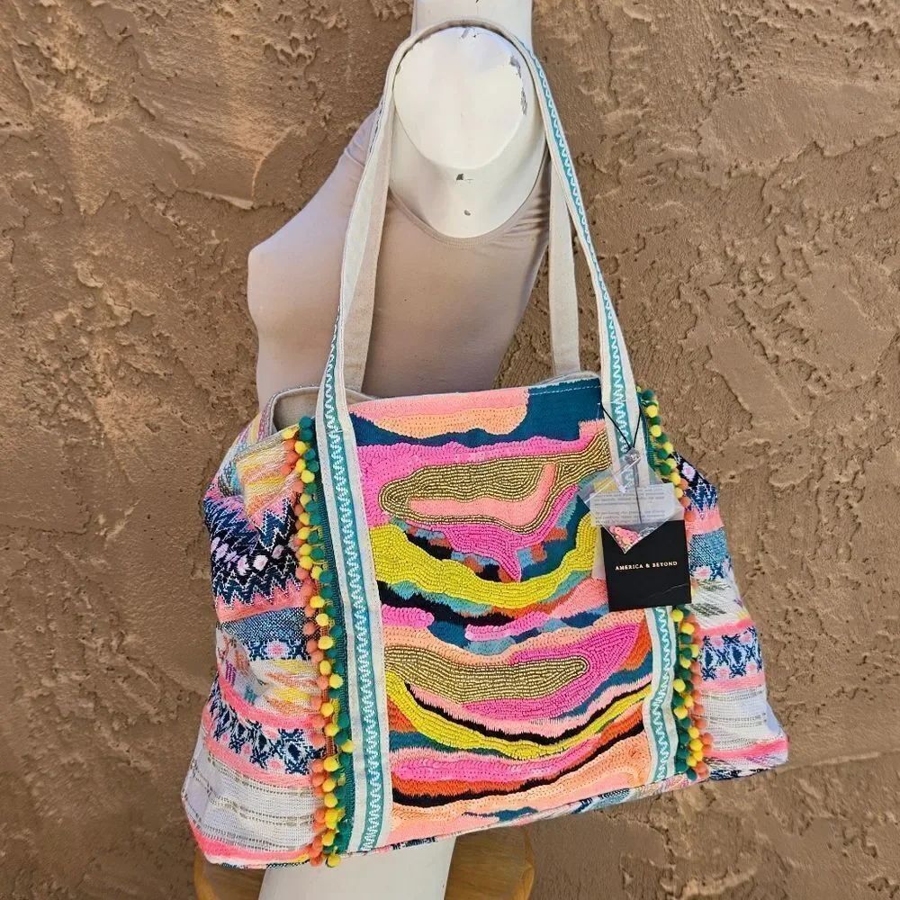 America and Beyond Daphne Embellished Multi-colored Hand Beaded Tote Bag